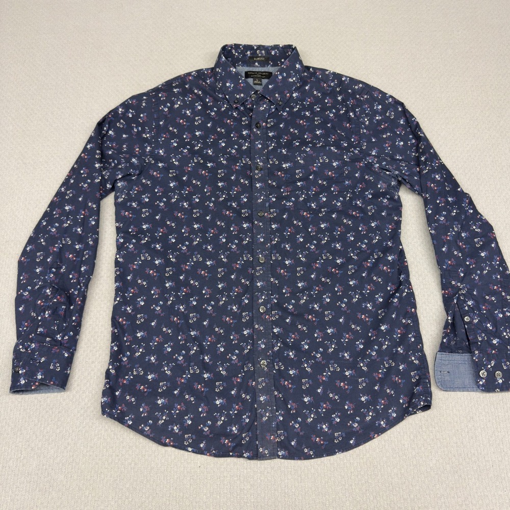 Banana Republic Shirt Mens Large Navy Blue Floral‎ Slim Fit Stretch Soft Wash